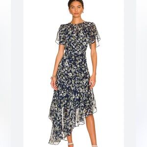 ASTR the Label Flutter Sleeve Asymmetrical Floral Maxi Dress - Blue Green Floral